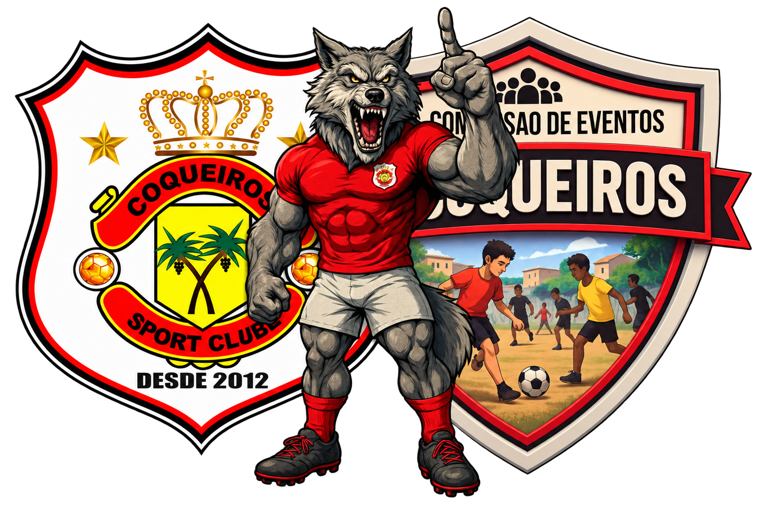 Escudos do Coqueiros Sport Clube e da Comissão de Eventos com o mascote da equipe